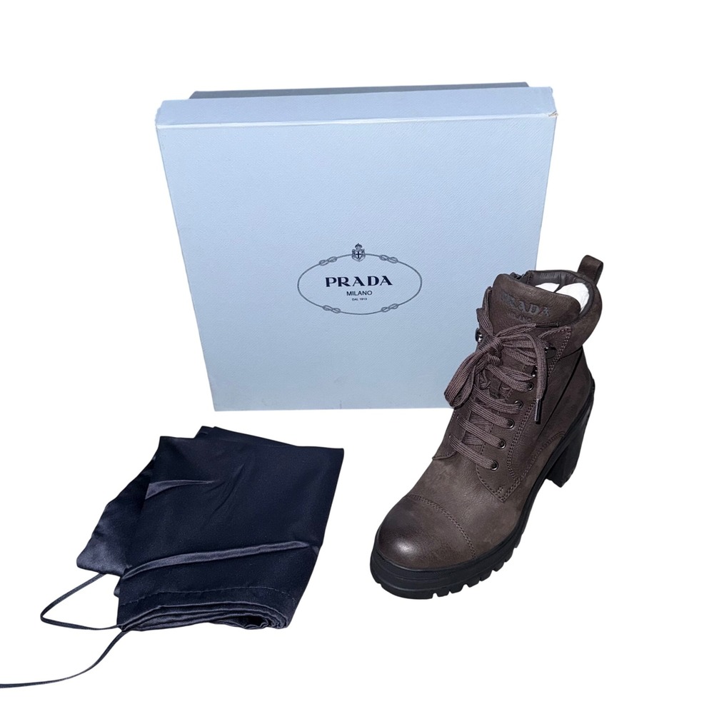Prada Brown Leather Lace Up Combat Boots Block Heel Lug Sole IT 39.5 NEW